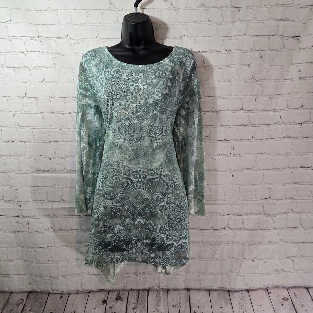 Cal Style Micro Mesh Sharkbite Euro Tunic Green Embolished Sz M Made In USA Y2k